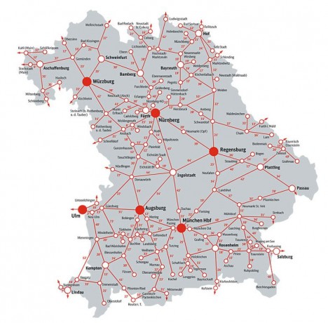 Mapa das linhas de trens da Bavária Mapa das linhas de trens da Bavária