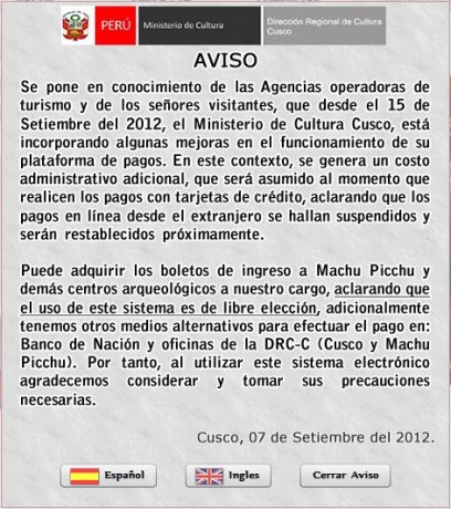 Ingressos para Machu Picchu - Aviso no site