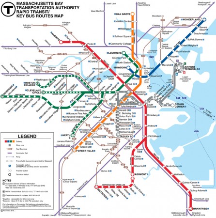 Mapa das linhas de metrô de Boston