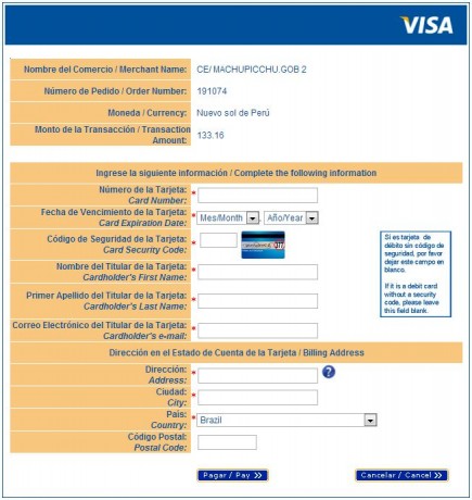 Ingressos para Machu Picchu - Tela de pagamento da Visa (18/03/2013)