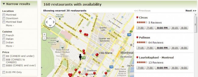 OpenTable - mapa com restaurantes disponíveis