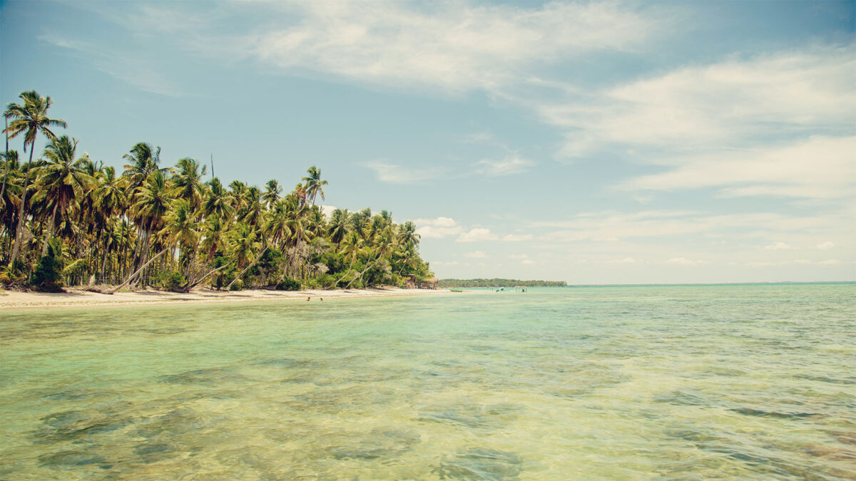 Ilha de Boipeba em uma dia ensolarado com mar cristalino em tons de verde