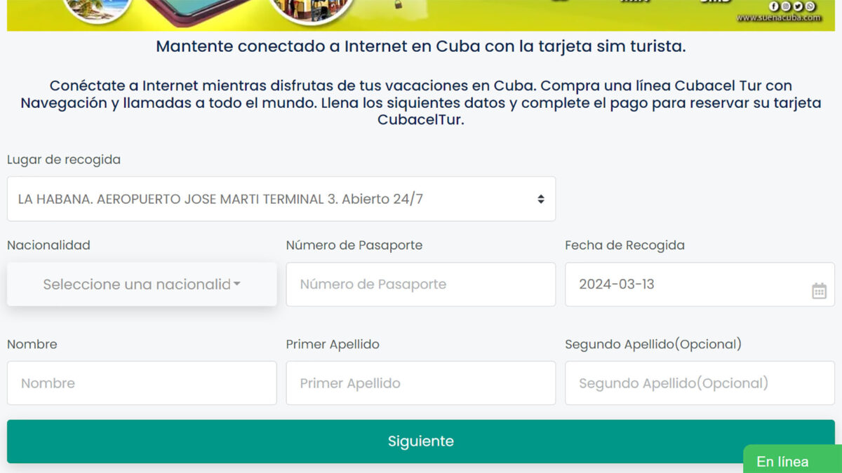 Print da tela inicial do pedido de chip de internet em Cuba